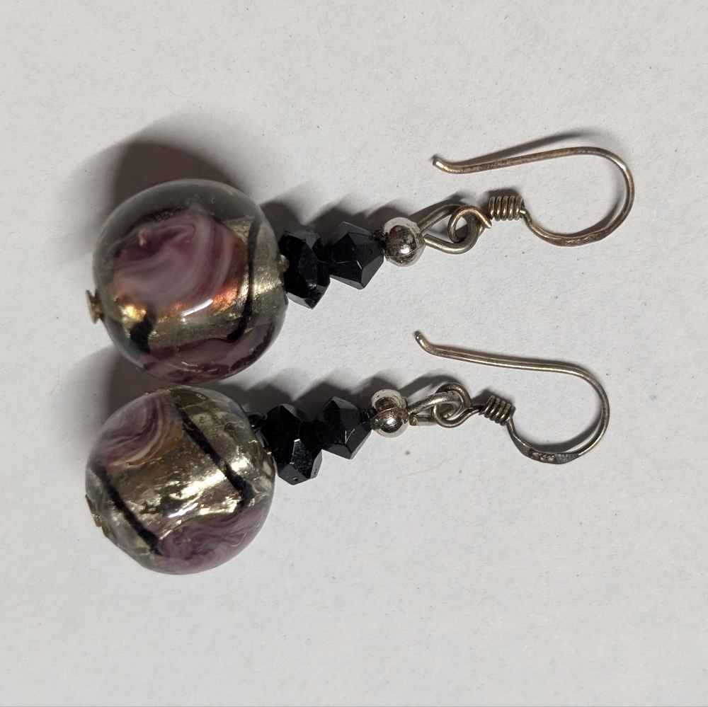 Handcrafted Purple Glass Bead Drop Earrings Murano Italy Glass With Silver Rose